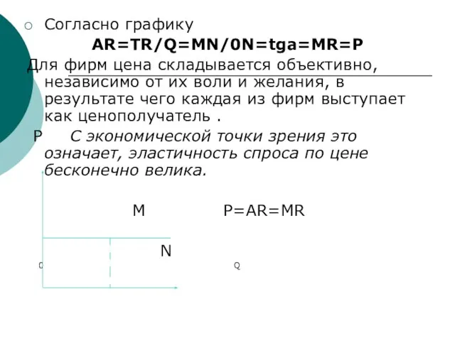 Согласно графику AR=TR/Q=MN/0N=tga=MR=P Для фирм цена складывается объективно, независимо от их воли