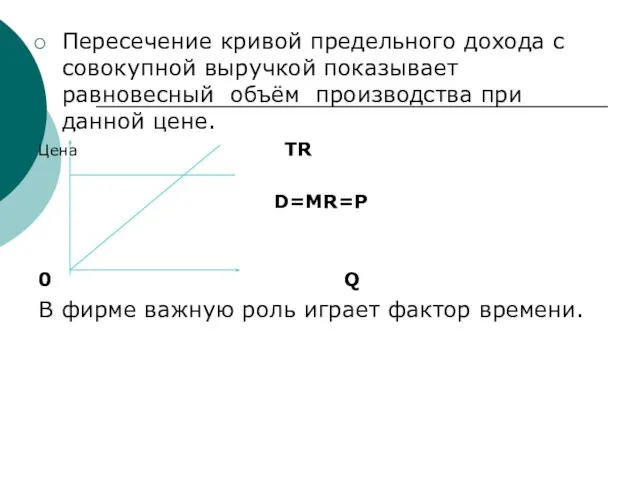 Пересечение кривой предельного дохода с совокупной выручкой показывает равновесный объём производства при