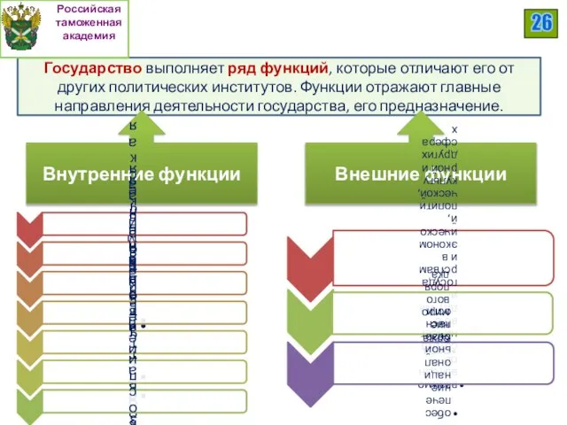 Государство выполняет ряд функций, которые отличают его от других политических институтов. Функции