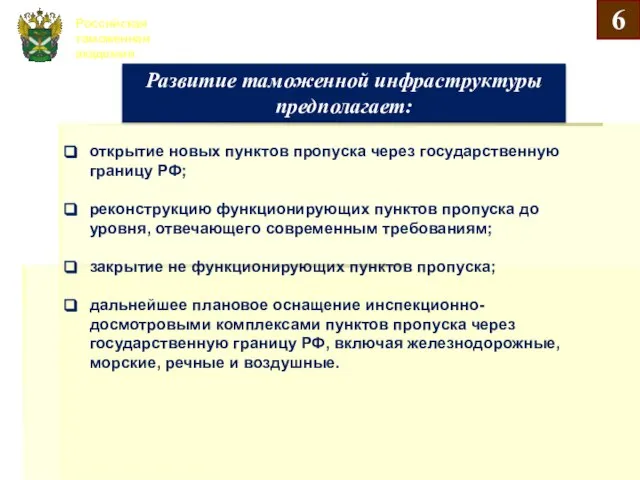 Российская таможенная академия Развитие таможенной инфраструктуры предполагает: открытие новых пунктов пропуска через