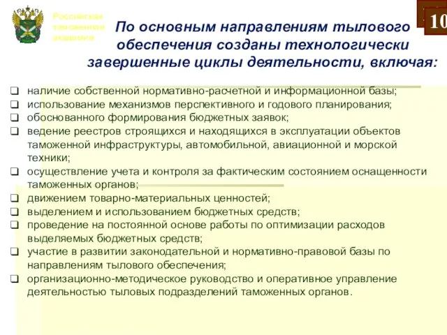 Российская таможенная академия наличие собственной нормативно-расчетной и информационной базы; использование механизмов перспективного