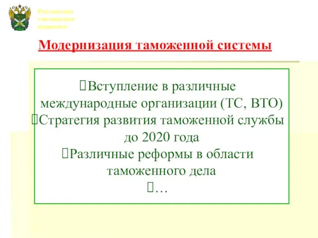 Российская таможенная академия Модернизация таможенной системы Вступление в различные международные организации (ТС,
