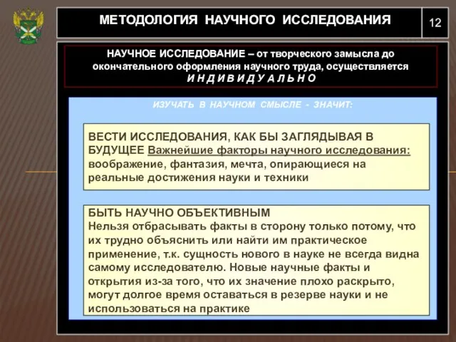 12 МЕТОДОЛОГИЯ НАУЧНОГО ИССЛЕДОВАНИЯ НАУЧНОЕ ИССЛЕДОВАНИЕ – от творческого замысла до окончательного