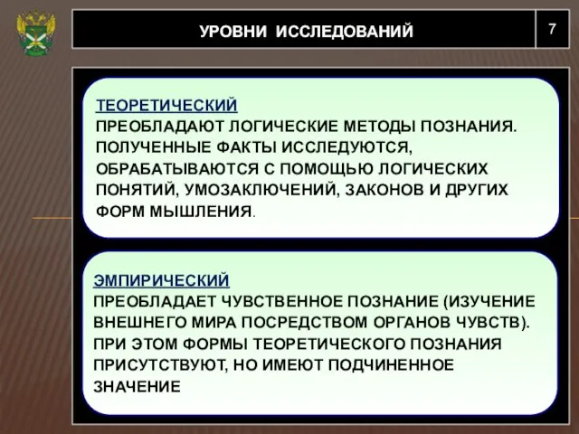 7 УРОВНИ ИССЛЕДОВАНИЙ ЭМПИРИЧЕСКИЙ ПРЕОБЛАДАЕТ ЧУВСТВЕННОЕ ПОЗНАНИЕ (ИЗУЧЕНИЕ ВНЕШНЕГО МИРА ПОСРЕДСТВОМ ОРГАНОВ