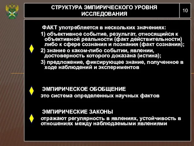 10 СТРУКТУРА ЭМПИРИЧЕСКОГО УРОВНЯ ИССЛЕДОВАНИЯ ФАКТ употребляется в нескольких значениях: 1) объективное