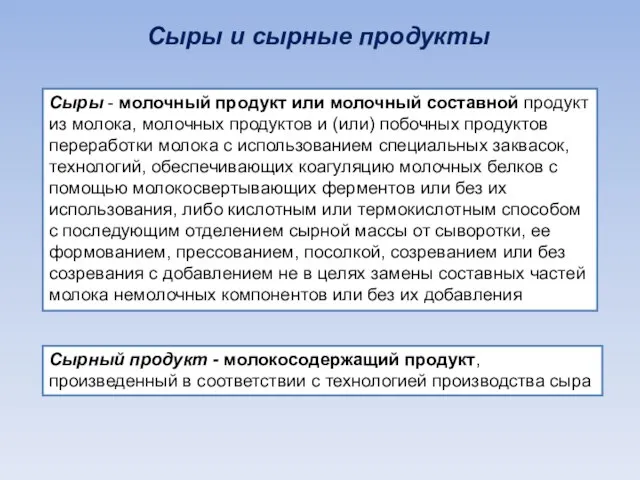 Сыры и сырные продукты Сыры - молочный продукт или молочный составной продукт