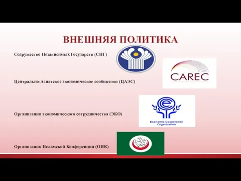 ВНЕШНЯЯ ПОЛИТИКА Содружество Независимых Государств (СНГ) Центрально-Азиатское экономическое сообщество (ЦАЭС) Организация экономического