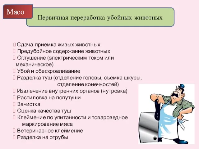 Первичная переработка убойных животных Мясо Сдача-приемка живых животных Предубойное содержание животных Оглушение