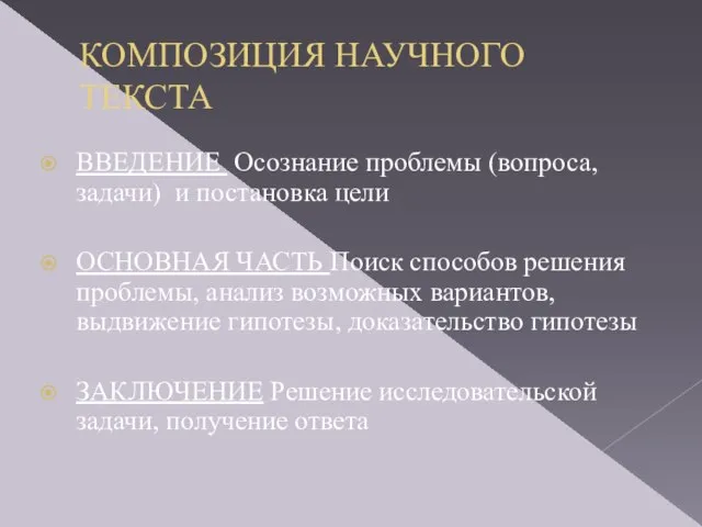 КОМПОЗИЦИЯ НАУЧНОГО ТЕКСТА ВВЕДЕНИЕ Осознание проблемы (вопроса, задачи) и постановка цели ОСНОВНАЯ