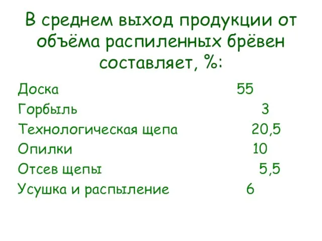 В среднем выход продукции от объёма распиленных брёвен составляет, %: Доска 55