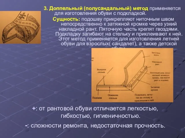 3. Доппельный (полусандальный) метод применяется для изготовления обуви с подкладкой. Сущность: подошву