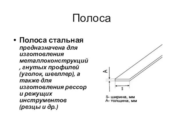 Полоса Полоса стальная предназначена для изготовления металлоконструкций, гнутых профилей (уголок, швеллер), а