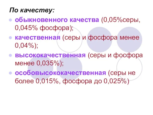 По качеству: обыкновенного качества (0,05%серы, 0,045% фосфора); качественная (серы и фосфора менее