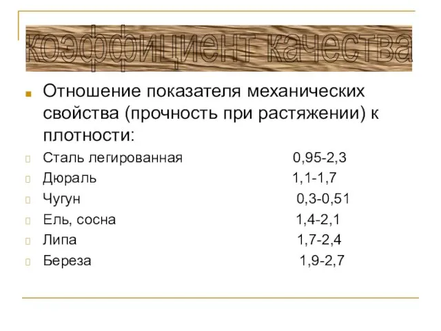 Отношение показателя механических свойства (прочность при растяжении) к плотности: Сталь легированная 0,95-2,3