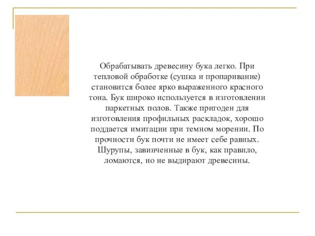 Обрабатывать древесину бука легко. При тепловой обработке (сушка и пропаривание) становится более