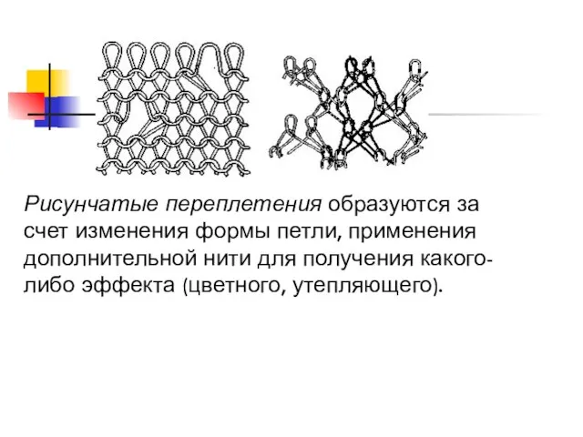 Рисунчатые переплетения Рисунчатые переплетения образуются за счет изменения формы петли, применения дополнительной