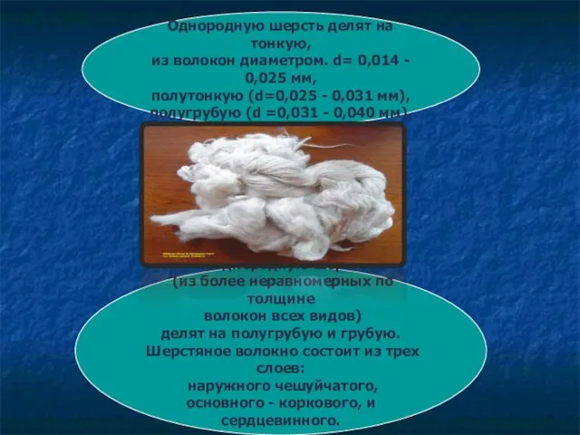 Однородную шерсть делят на тонкую, из волокон диаметром. d= 0,014 - 0,025