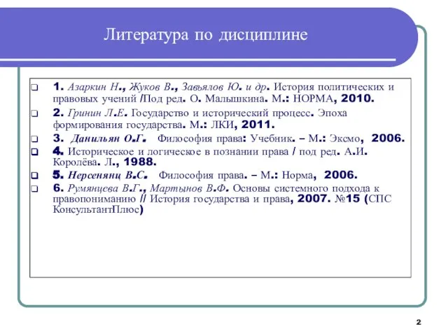 Литература по дисциплине 1. Азаркин Н., Жуков В., Завьялов Ю. и др.