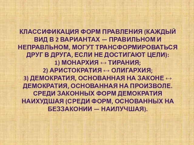 Классификация форм правления (каждый вид в 2 вариантах — правильном и неправльном,