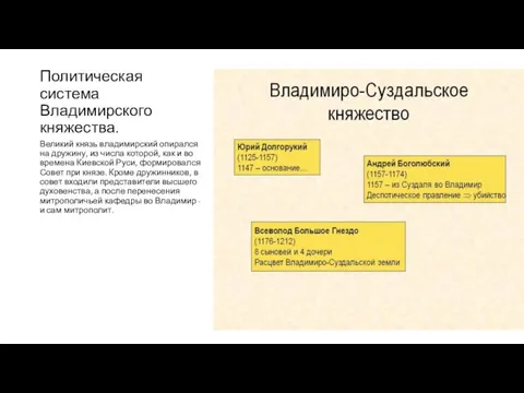 Политическая система Владимирского княжества. Великий князь владимирский опирался на дружину, из числа