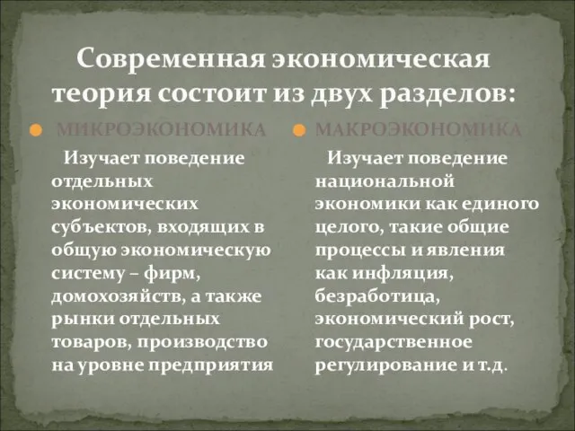 Современная экономическая теория состоит из двух разделов: МИКРОЭКОНОМИКА Изучает поведение отдельных экономических