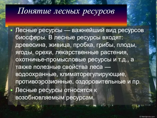 Понятие лесных ресурсов Лесные ресурсы — важнейший вид ресурсов биосферы. В лесные