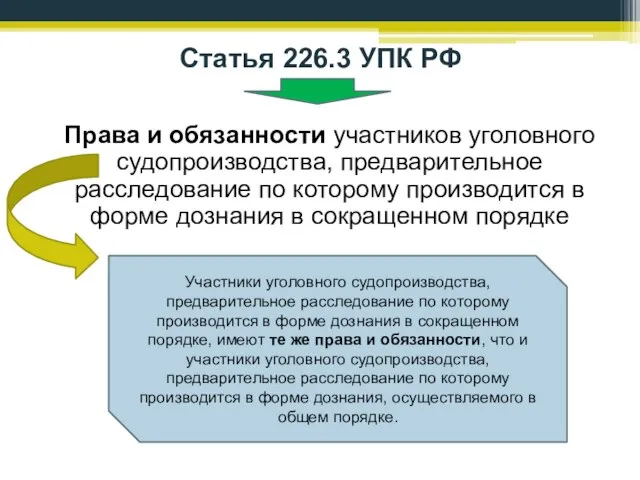 Статья 226.3 УПК РФ Права и обязанности участников уголовного судопроизводства, предварительное расследование