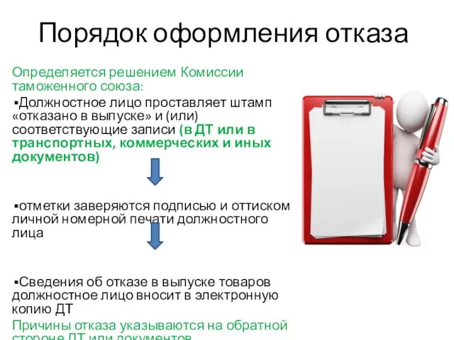 Порядок оформления отказа Определяется решением Комиссии таможенного союза: Должностное лицо проставляет штамп