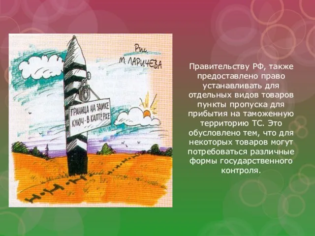 Правительству РФ, также предоставлено право устанавливать для отдельных видов товаров пункты пропуска