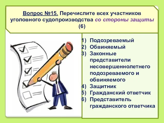 Вопрос №15. Перечислите всех участников уголовного судопроизводства со стороны защиты (6) Подозреваемый