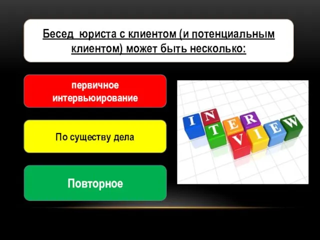 Бесед юриста с клиентом (и потенциальным клиентом) может быть несколько: первичное интервьюирование По существу дела Повторное