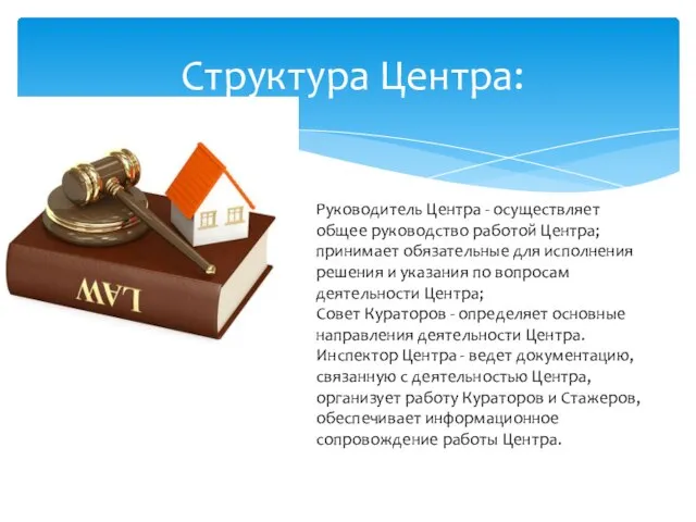 Структура Центра: Руководитель Центра - осуществляет общее руководство работой Центра; принимает обязательные