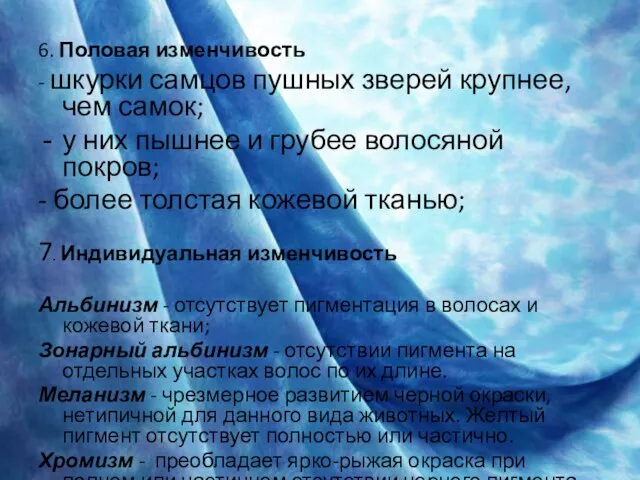 6. Половая изменчивость - шкурки самцов пушных зверей крупнее, чем самок; у