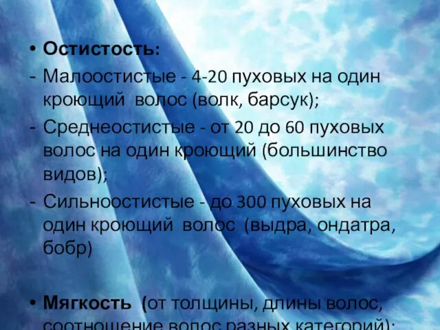 Остистость: Малоостистые - 4-20 пуховых на один кроющий волос (волк, барсук); Среднеостистые