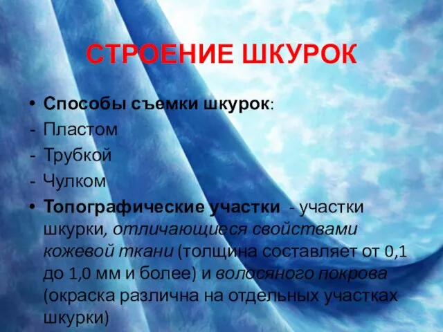 СТРОЕНИЕ ШКУРОК Способы съемки шкурок: Пластом Трубкой Чулком Топографические участки - участки