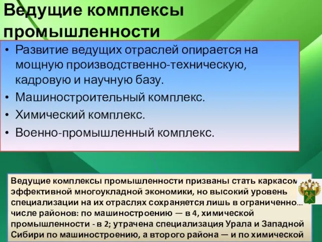 Ведущие комплексы промышленности Развитие ведущих отраслей опирается на мощную производственно-техническую, кадровую и