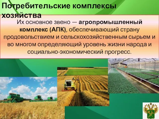 Их основное звено — агропромышленный комплекс (АПК), обеспечивающий страну продовольствием и сельскохозяйственным