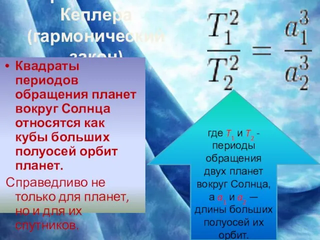 Третий закон Кеплера (гармонический закон) Квадраты периодов обращения планет вокруг Солнца относятся