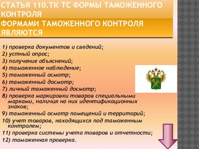 Статья 110.ТК ТС Формы таможенного контроля Формами таможенного контроля являются 1) проверка