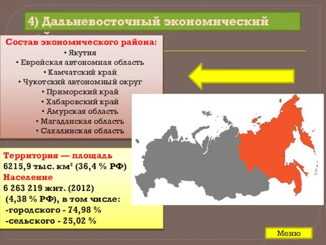 4) Дальневосточный экономический район Состав экономического района: Якутия Еврейская автономная область Камчатский
