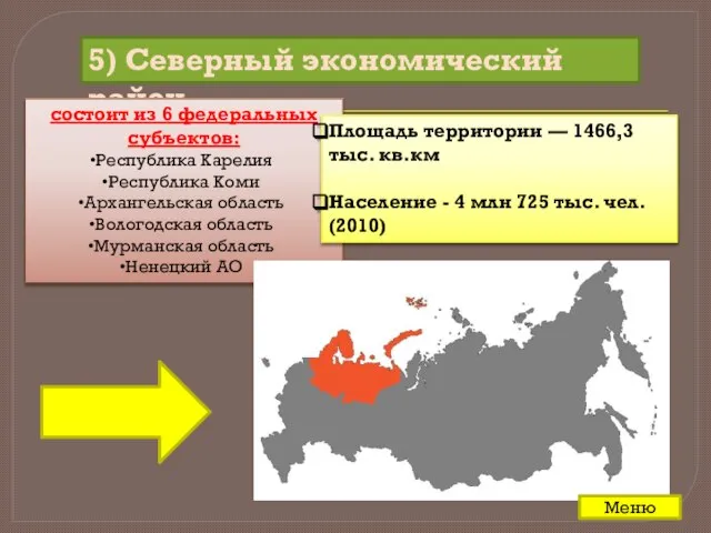 5) Северный экономический район состоит из 6 федеральных субъектов: Республика Карелия Республика