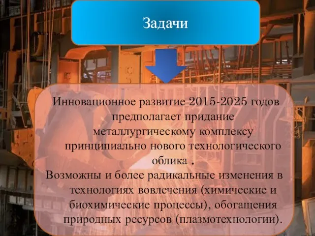 Задачи Инновационное развитие 2015-2025 годов предполагает придание металлургическому комплексу принципиально нового технологического