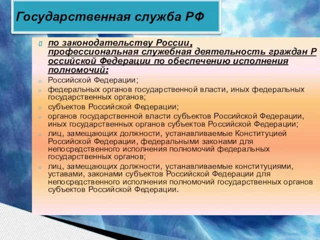 по законодательству России, профессиональная служебная деятельность граждан Российской Федерации по обеспечению исполнения