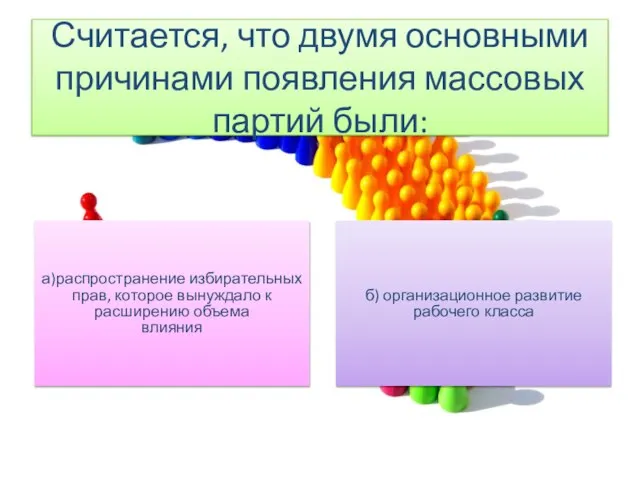 Считается, что двумя основными причинами появления массовых партий были: