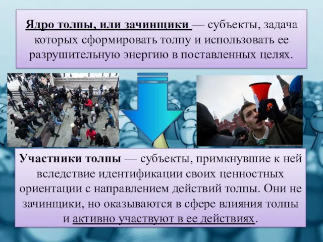 Ядро толпы, или зачинщики — субъекты, задача которых сформировать толпу и использовать