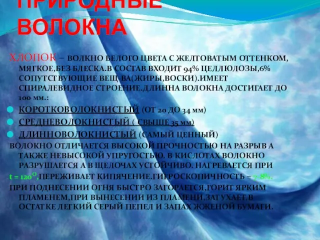 ПРИРОДНЫЕ ВОЛОКНА ХЛОПОК – ВОЛКНО БЕЛОГО ЦВЕТА С ЖЕЛТОВАТЫМ ОТТЕНКОМ, МЯГКОЕ,БЕЗ БЛЕСКА.В