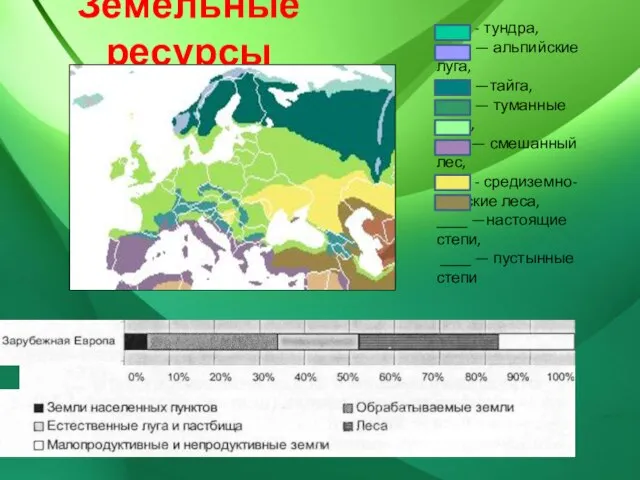 Земельные ресурсы ____ - тундра, ____ — альпийские луга, ____ —тайга, ____