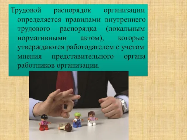 Трудовой распорядок организации определяется правилами внутреннего трудового распорядка (локальным нормативными актом), которые