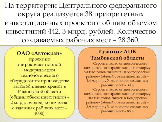 На территории Центрального федерального округа реализуется 38 приоритетных инвестиционных проектов с общим