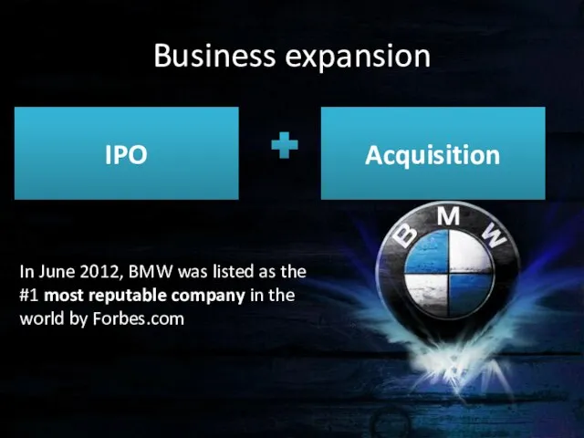 Business expansion IPO Acquisition In June 2012, BMW was listed as the